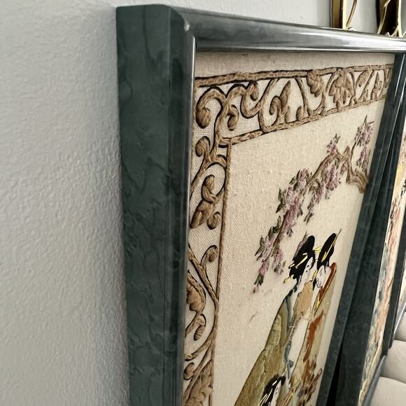 Vintage 1980s Japanese Antique Needlepoint Framed Wall Art Hand Stitched Framed - Picture 7 of 12